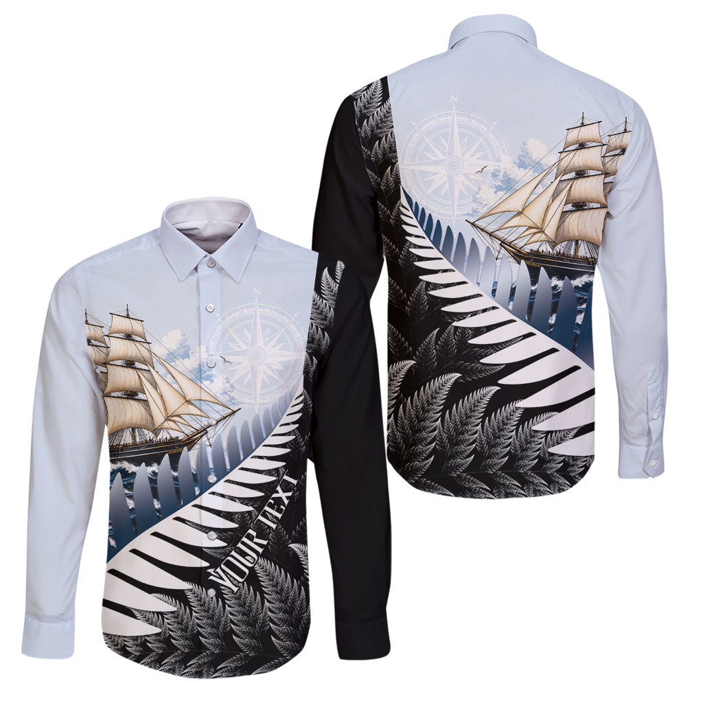 Personalised New Zealand Pakeha Family Matching Tank Maxi Dress and Hawaiian Shirt Kiwi Silver Fern and Sailing Ship Compass LT14 Dad's Shirt - Long Sleeve Blue - Polynesian Pride