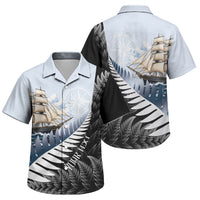 Personalised New Zealand Pakeha Family Matching Tank Maxi Dress and Hawaiian Shirt Kiwi Silver Fern and Sailing Ship Compass LT14 Son's Shirt Blue - Polynesian Pride