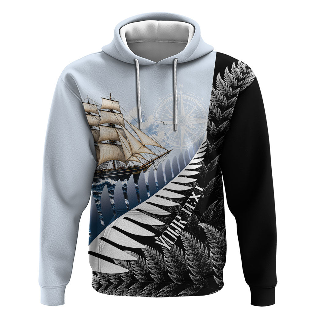 Personalised New Zealand Pakeha Hoodie Kiwi Silver Fern and Sailing Ship Compass LT14 Pullover Hoodie Blue - Polynesian Pride