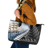 Personalised New Zealand Pakeha Leather Tote Bag Kiwi Silver Fern and Sailing Ship Compass LT14 Blue - Polynesian Pride