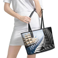 Personalised New Zealand Pakeha Leather Tote Bag Kiwi Silver Fern and Sailing Ship Compass LT14 - Polynesian Pride