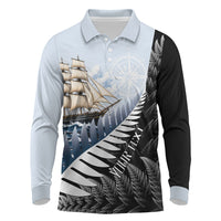 Personalised New Zealand Pakeha Long Sleeve Polo Shirt Kiwi Silver Fern and Sailing Ship Compass LT14 Blue - Polynesian Pride