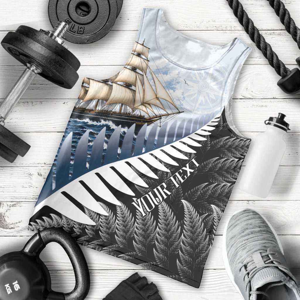 Personalised New Zealand Pakeha Men Tank Top Kiwi Silver Fern and Sailing Ship Compass LT14 - Polynesian Pride