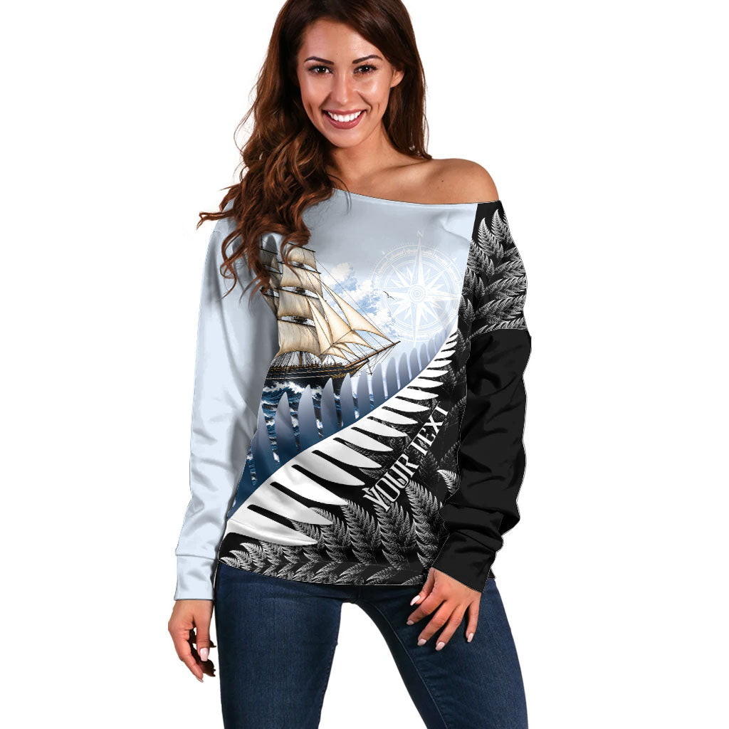 Personalised New Zealand Pakeha Off Shoulder Sweater Kiwi Silver Fern and Sailing Ship Compass LT14 Women Blue - Polynesian Pride