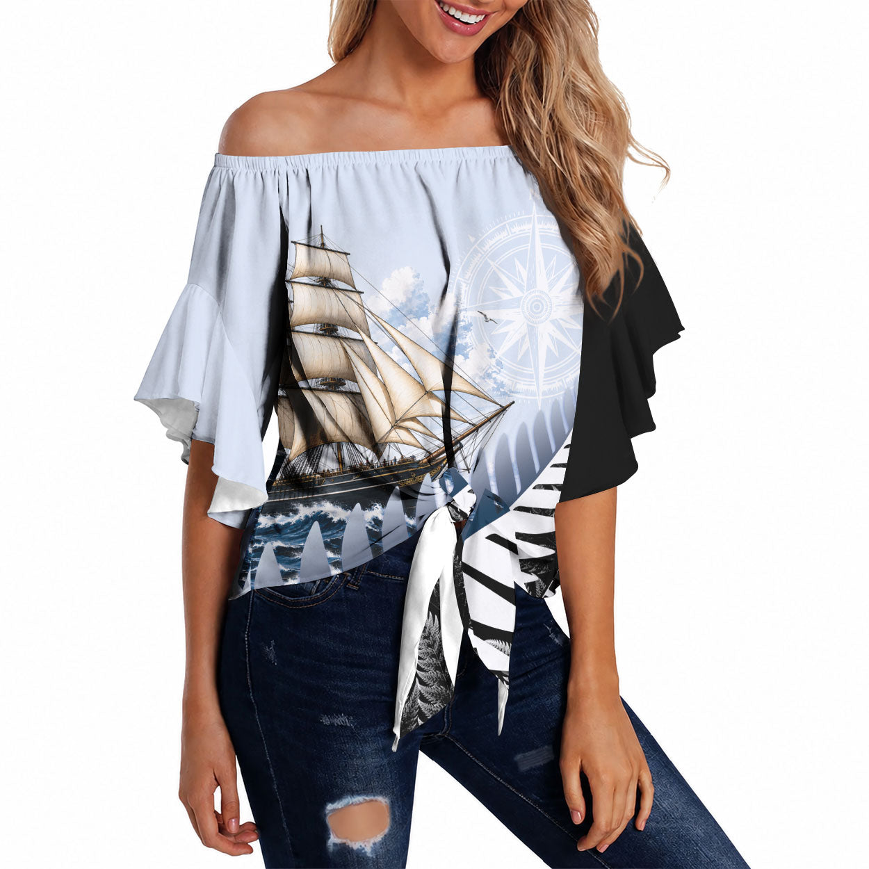 Personalised New Zealand Pakeha Off Shoulder Wrap Waist Top Kiwi Silver Fern and Sailing Ship Compass LT14 Blue - Polynesian Pride
