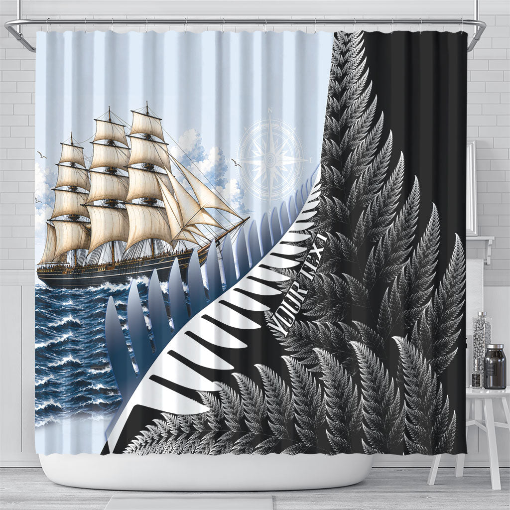 Personalised New Zealand Pakeha Shower Curtain Kiwi Silver Fern and Sailing Ship Compass LT14 - Polynesian Pride