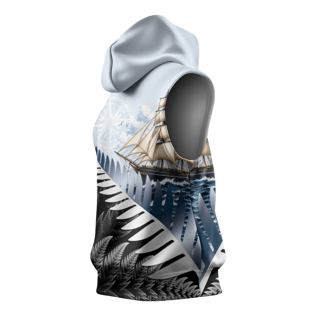 Personalised New Zealand Pakeha Sleeveless Hoodie Kiwi Silver Fern and Sailing Ship Compass LT14 - Polynesian Pride