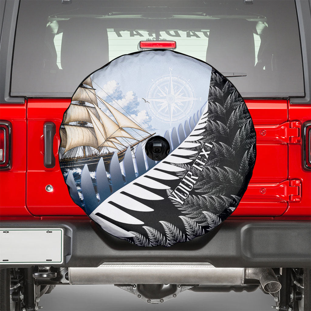 Personalised New Zealand Pakeha Spare Tire Cover Kiwi Silver Fern and Sailing Ship Compass LT14 - Polynesian Pride