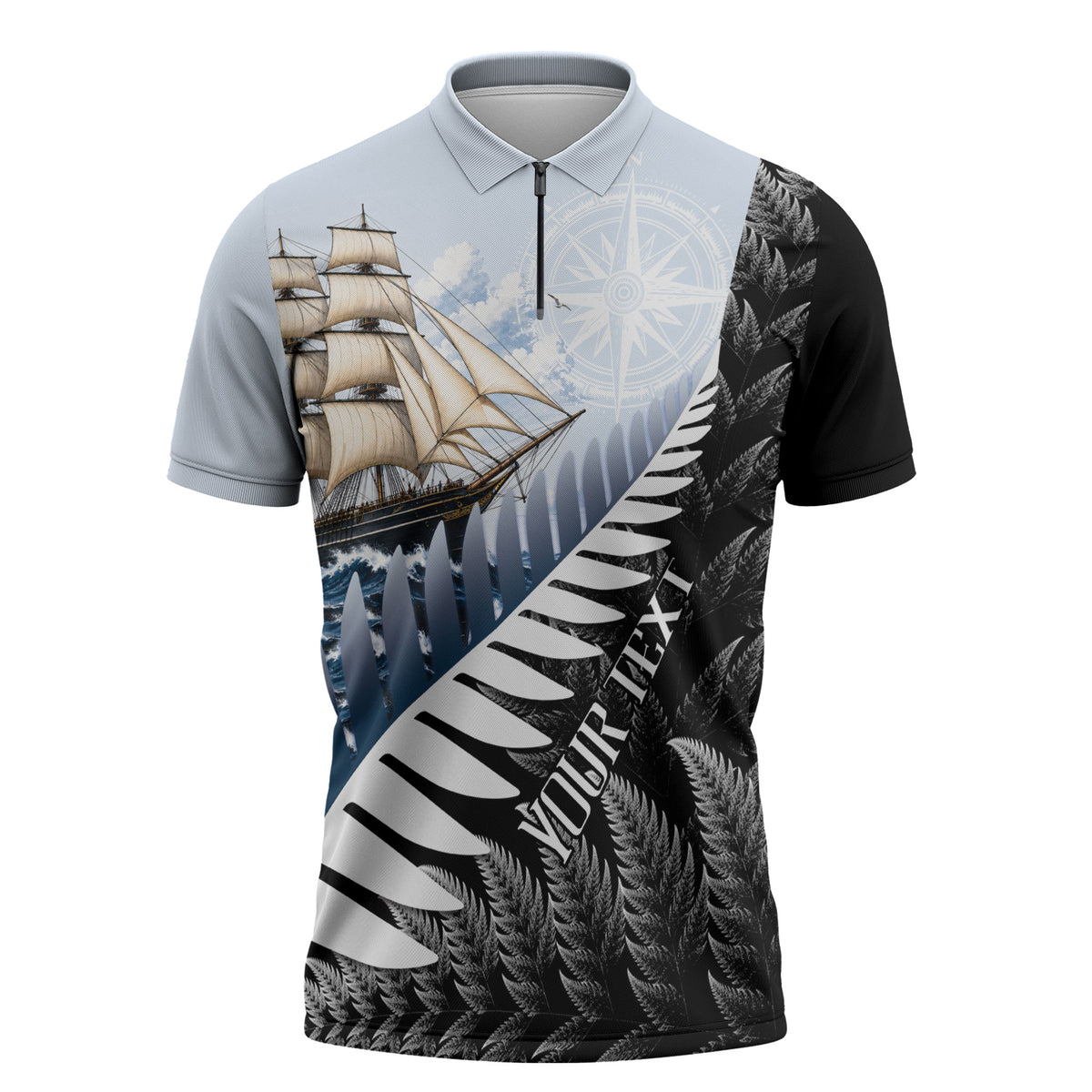 Personalised New Zealand Pakeha Zipper Polo Shirt Kiwi Silver Fern and Sailing Ship Compass LT14 Blue - Polynesian Pride