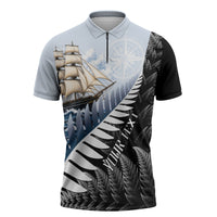 Personalised New Zealand Pakeha Zipper Polo Shirt Kiwi Silver Fern and Sailing Ship Compass LT14 Blue - Polynesian Pride