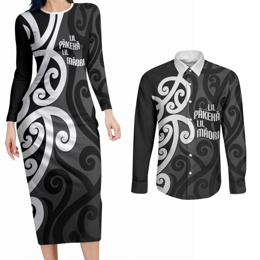 Lil Pakeha Lil Maori New Zealand Couples Matching Long Sleeve Bodycon Dress and Long Sleeve Button Shirt Kiwi Proud Mangopare Pattern LT14 Black - Polynesian Pride