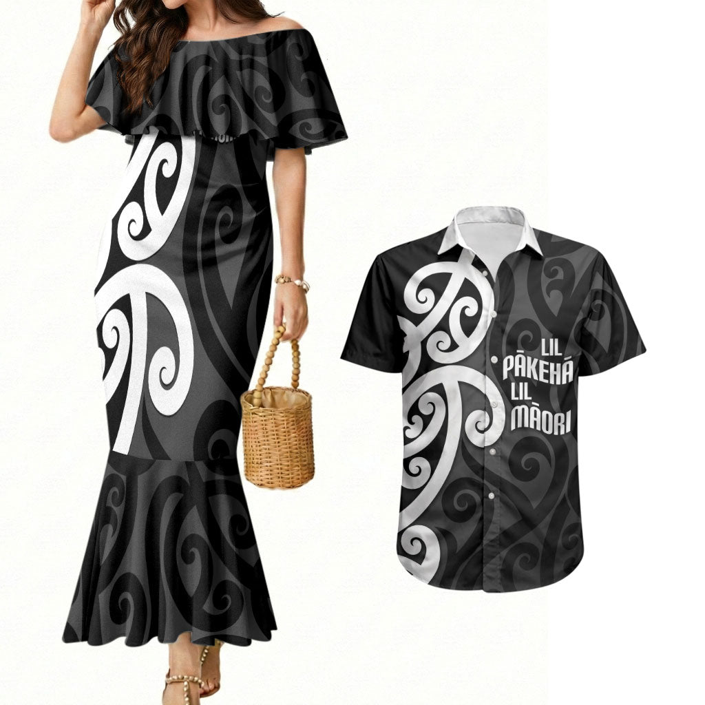 Lil Pakeha Lil Maori New Zealand Couples Matching Mermaid Dress and Hawaiian Shirt Kiwi Proud Mangopare Pattern LT14 Black - Polynesian Pride