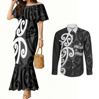 Lil Pakeha Lil Maori New Zealand Couples Matching Mermaid Dress and Long Sleeve Button Shirt Kiwi Proud Mangopare Pattern LT14 Black - Polynesian Pride