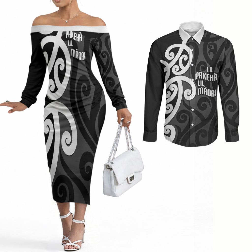 Lil Pakeha Lil Maori New Zealand Couples Matching Off The Shoulder Long Sleeve Dress and Long Sleeve Button Shirt Kiwi Proud Mangopare Pattern LT14 Black - Polynesian Pride