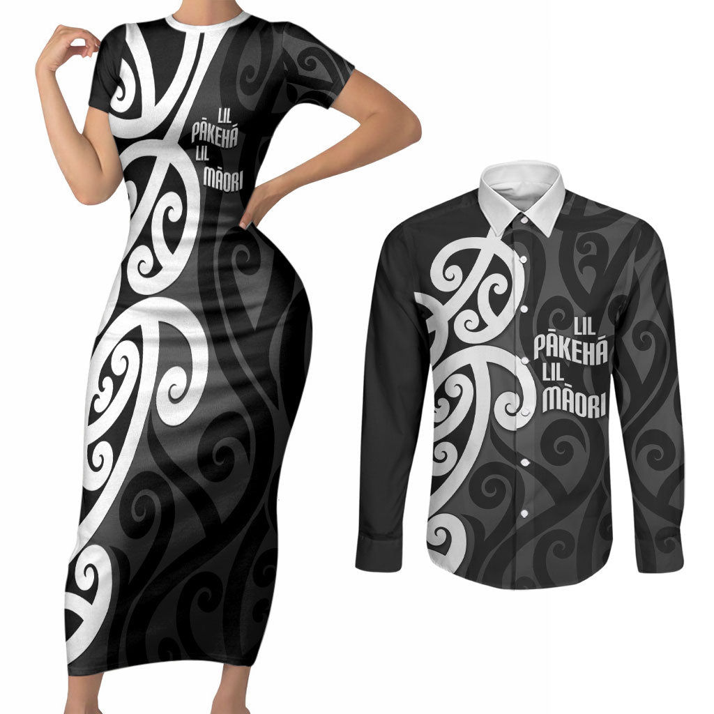 Lil Pakeha Lil Maori New Zealand Couples Matching Short Sleeve Bodycon Dress and Long Sleeve Button Shirt Kiwi Proud Mangopare Pattern LT14 Black - Polynesian Pride
