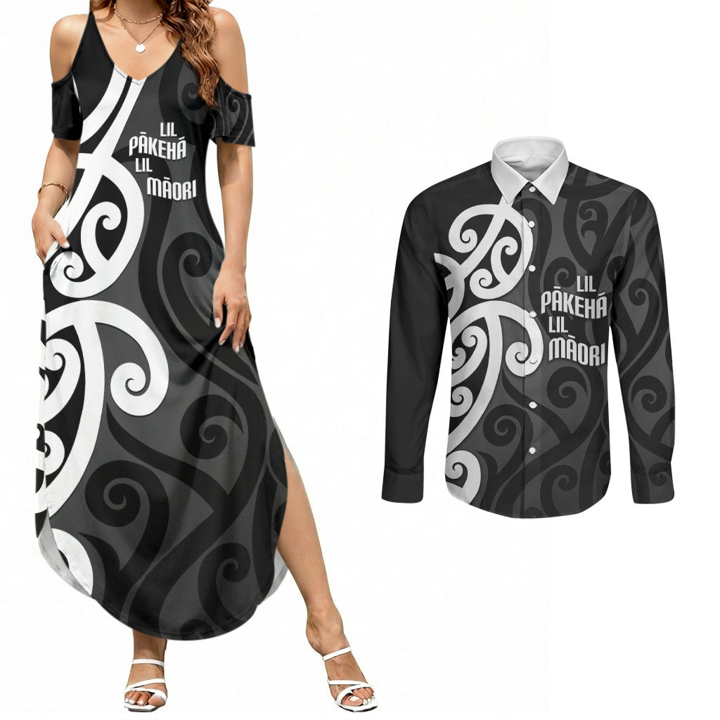 Lil Pakeha Lil Maori New Zealand Couples Matching Summer Maxi Dress and Long Sleeve Button Shirt Kiwi Proud Mangopare Pattern LT14 Black - Polynesian Pride