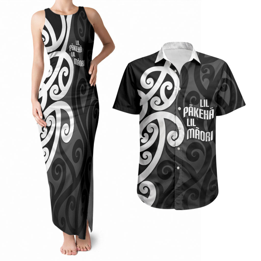Lil Pakeha Lil Maori New Zealand Couples Matching Tank Maxi Dress and Hawaiian Shirt Kiwi Proud Mangopare Pattern LT14 Black - Polynesian Pride