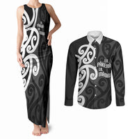 Lil Pakeha Lil Maori New Zealand Couples Matching Tank Maxi Dress and Long Sleeve Button Shirt Kiwi Proud Mangopare Pattern LT14 Black - Polynesian Pride