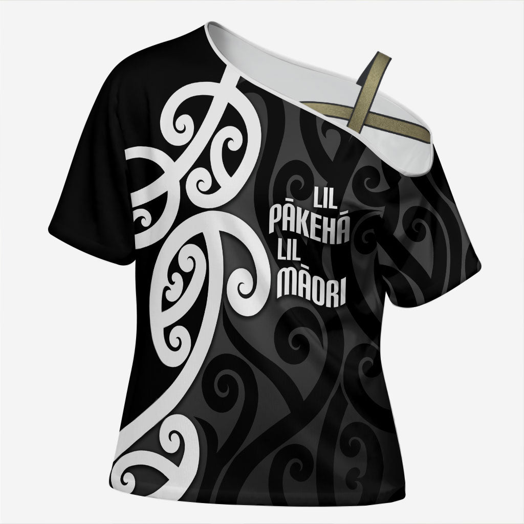 Lil Pakeha Lil Maori New Zealand Cross Shoulder Shirt Kiwi Proud Mangopare Pattern LT14 Female Black - Polynesian Pride