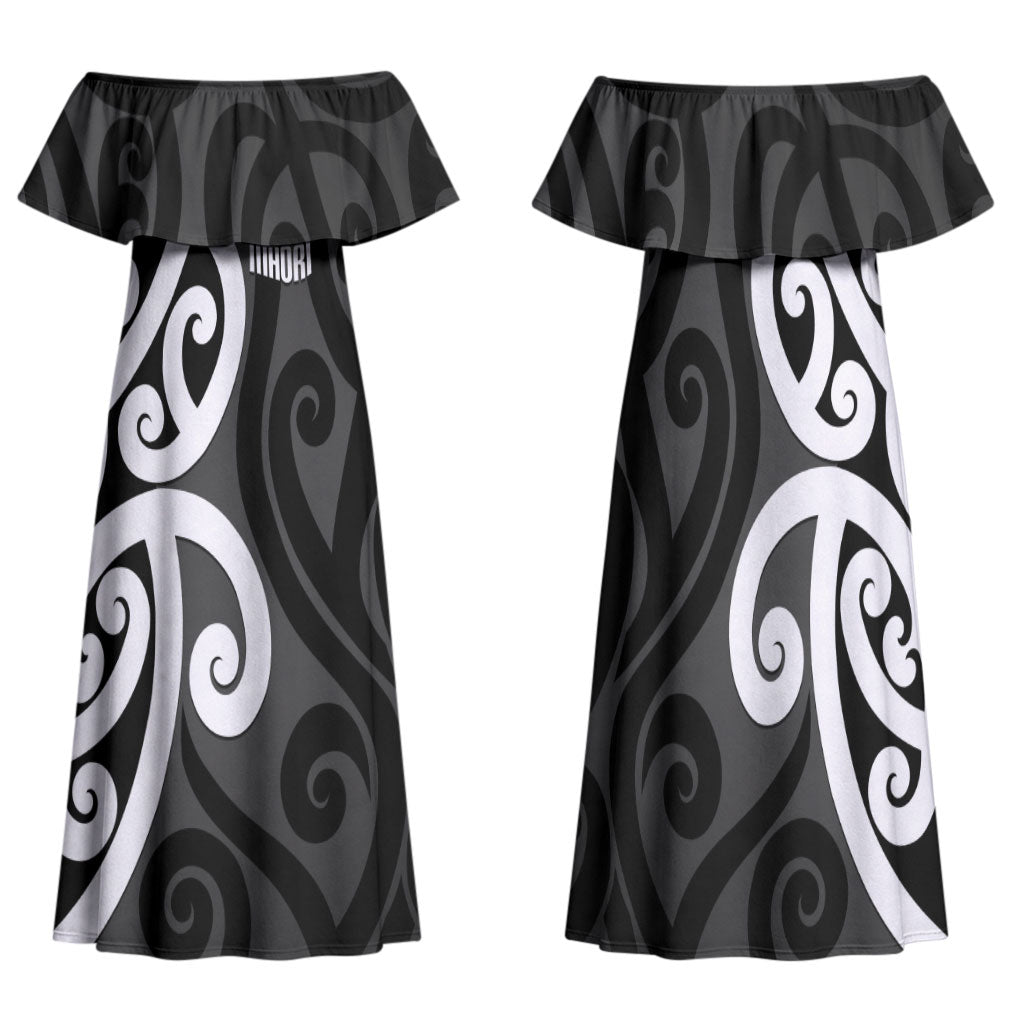 Lil Pakeha Lil Maori New Zealand Family Matching Off Shoulder Maxi Dress and Hawaiian Shirt Kiwi Proud Mangopare Pattern LT14 Mom's Dress Black - Polynesian Pride