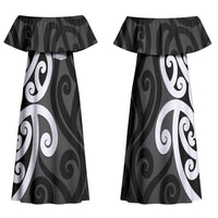 Lil Pakeha Lil Maori New Zealand Family Matching Off Shoulder Maxi Dress and Hawaiian Shirt Kiwi Proud Mangopare Pattern LT14 Mom's Dress Black - Polynesian Pride