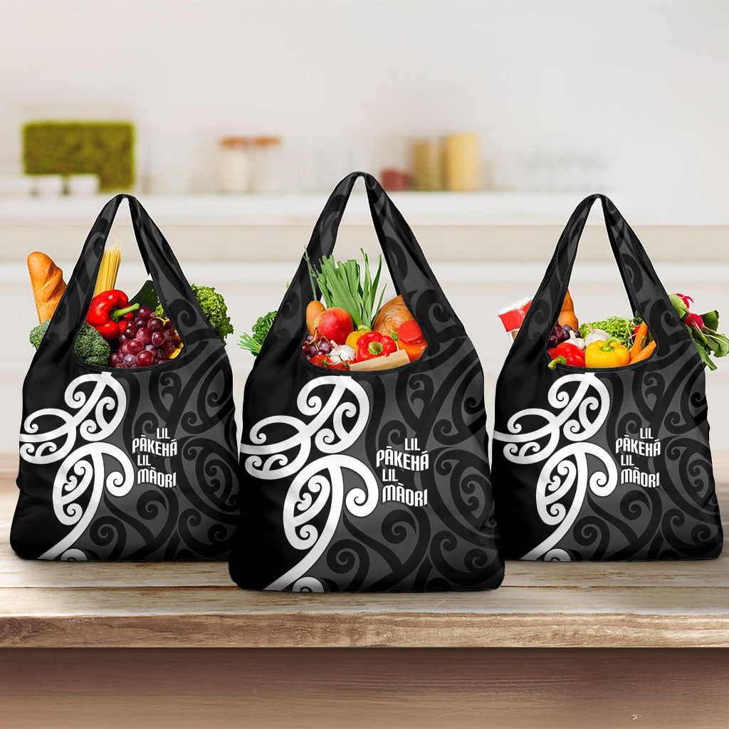 Lil Pakeha Lil Maori New Zealand Grocery Bag Kiwi Proud Mangopare Pattern LT14 3-pack One Size Black - Polynesian Pride