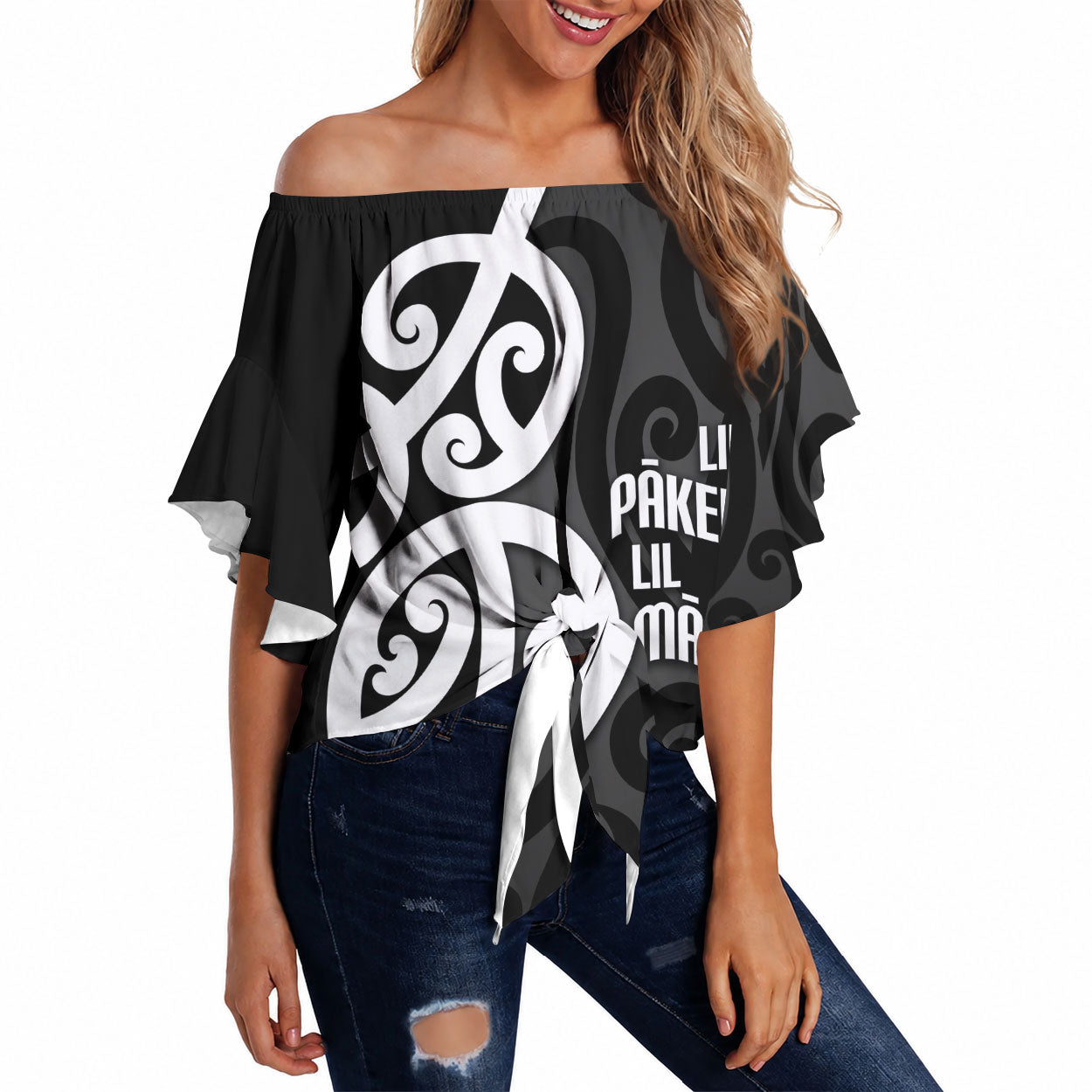 Lil Pakeha Lil Maori New Zealand Off Shoulder Wrap Waist Top Kiwi Proud Mangopare Pattern LT14 Black - Polynesian Pride