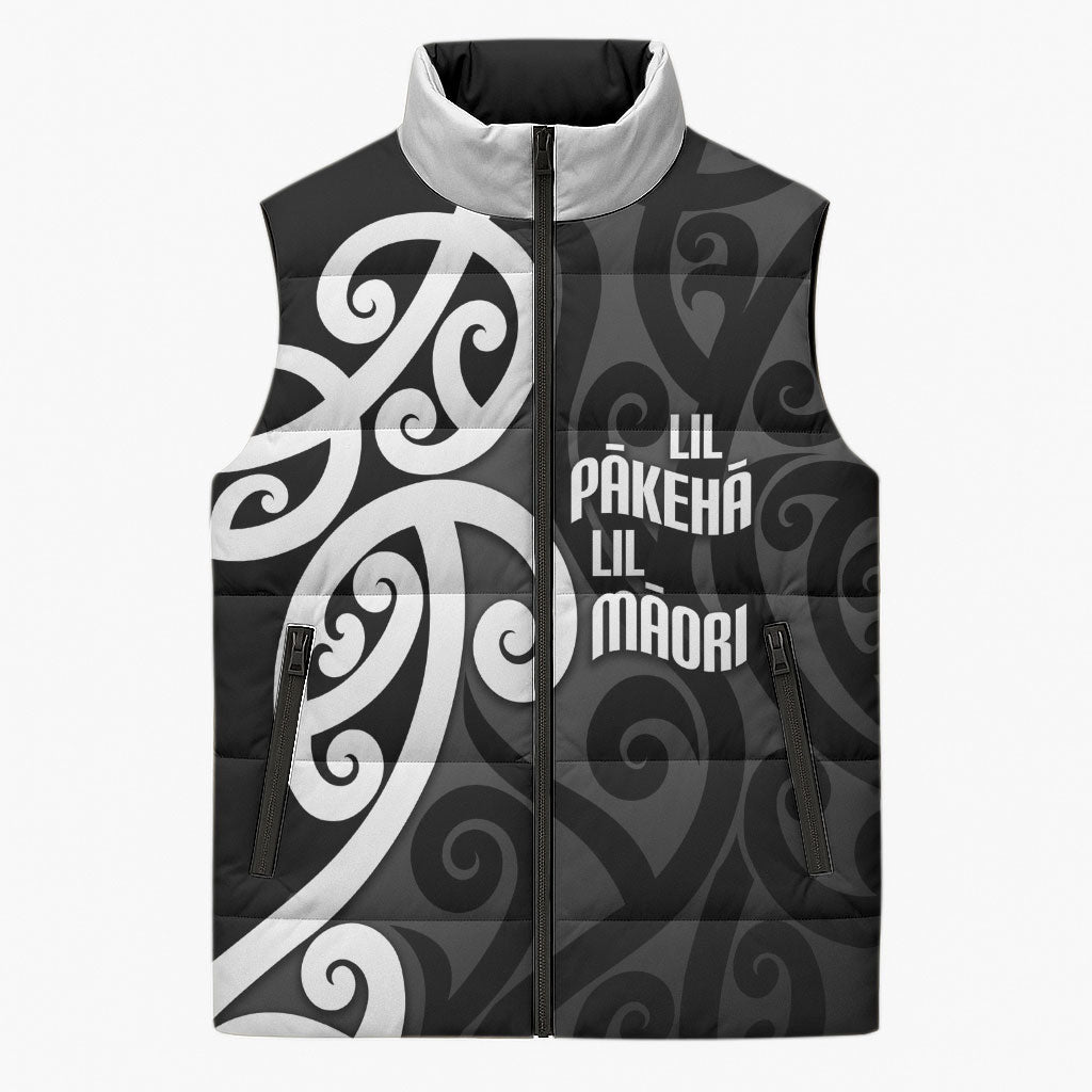 Lil Pakeha Lil Maori New Zealand Sleeveless Puffer Jacket Kiwi Proud Mangopare Pattern LT14 Unisex Black - Polynesian Pride