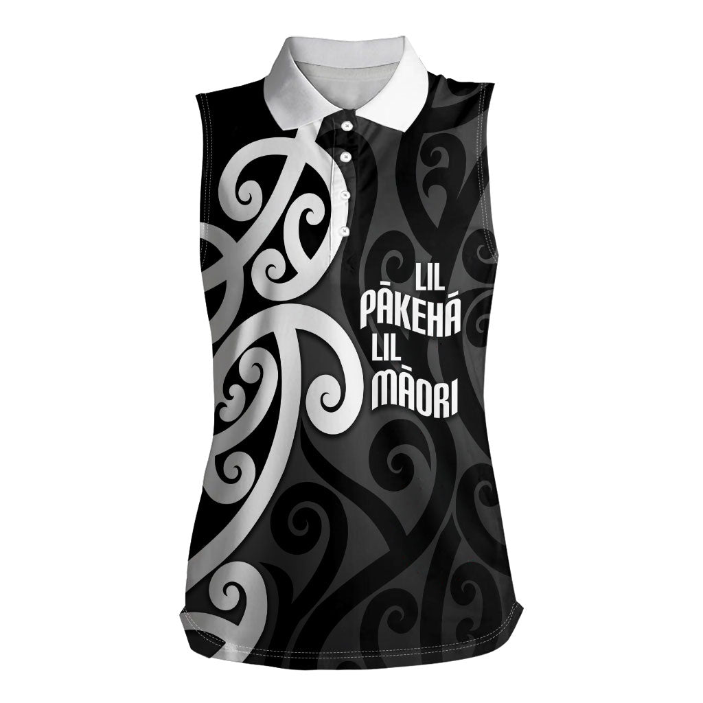 Lil Pakeha Lil Maori New Zealand Women Sleeveless Polo Shirt Kiwi Proud Mangopare Pattern LT14 Female Black - Polynesian Pride