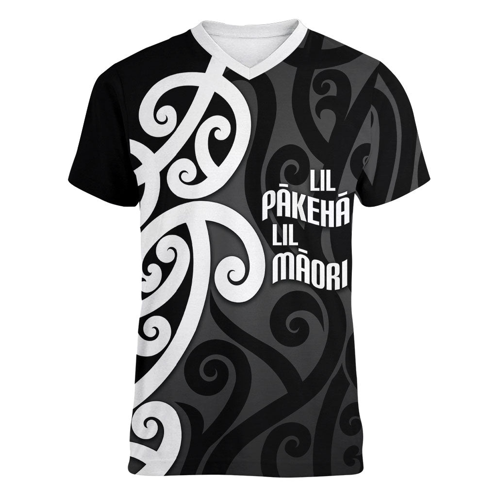 Lil Pakeha Lil Maori New Zealand Women V-Neck T-Shirt Kiwi Proud Mangopare Pattern LT14 Female Black - Polynesian Pride