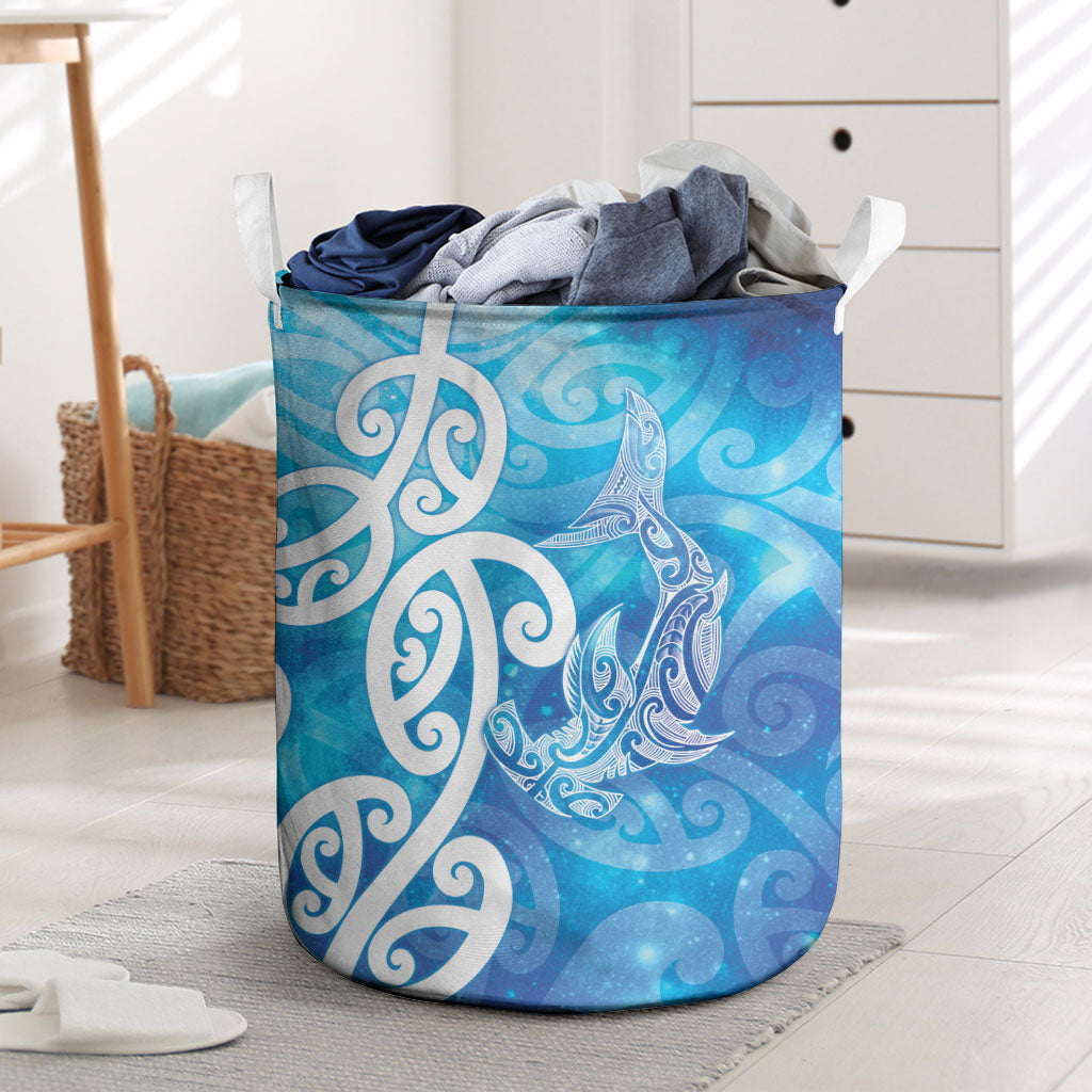 Hammerhead Shark Tattoo New Zealand Laundry Basket Maori Galaxy Mangopare Pattern LT14 Turquoise - Polynesian Pride