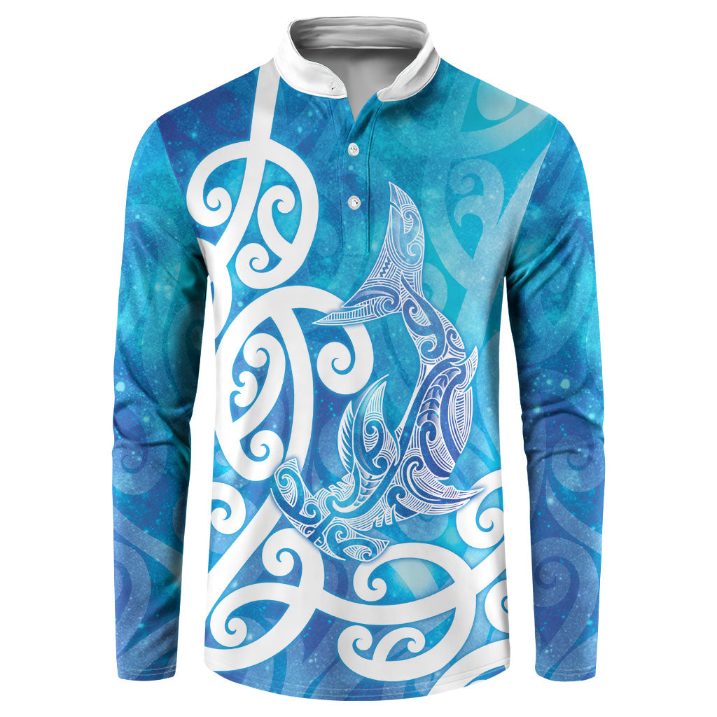 Hammerhead Shark Tattoo New Zealand Button Sweatshirt Maori Galaxy Mangopare Pattern LT14 Turquoise - Polynesian Pride