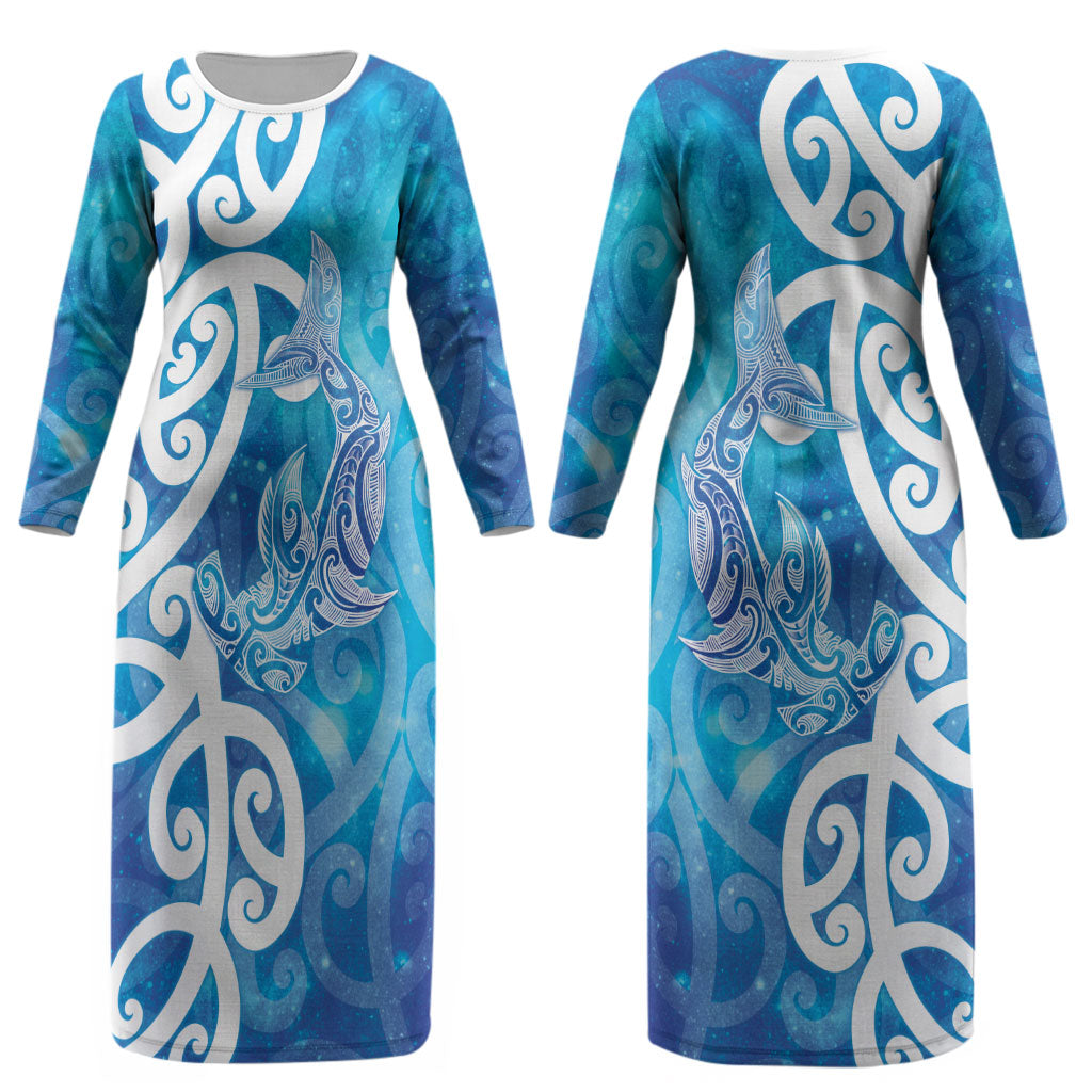 Hammerhead Shark Tattoo New Zealand Couples Matching Long Sleeve Bodycon Dress and Long Sleeve Button Shirt Maori Galaxy Mangopare Pattern LT14 - Polynesian Pride