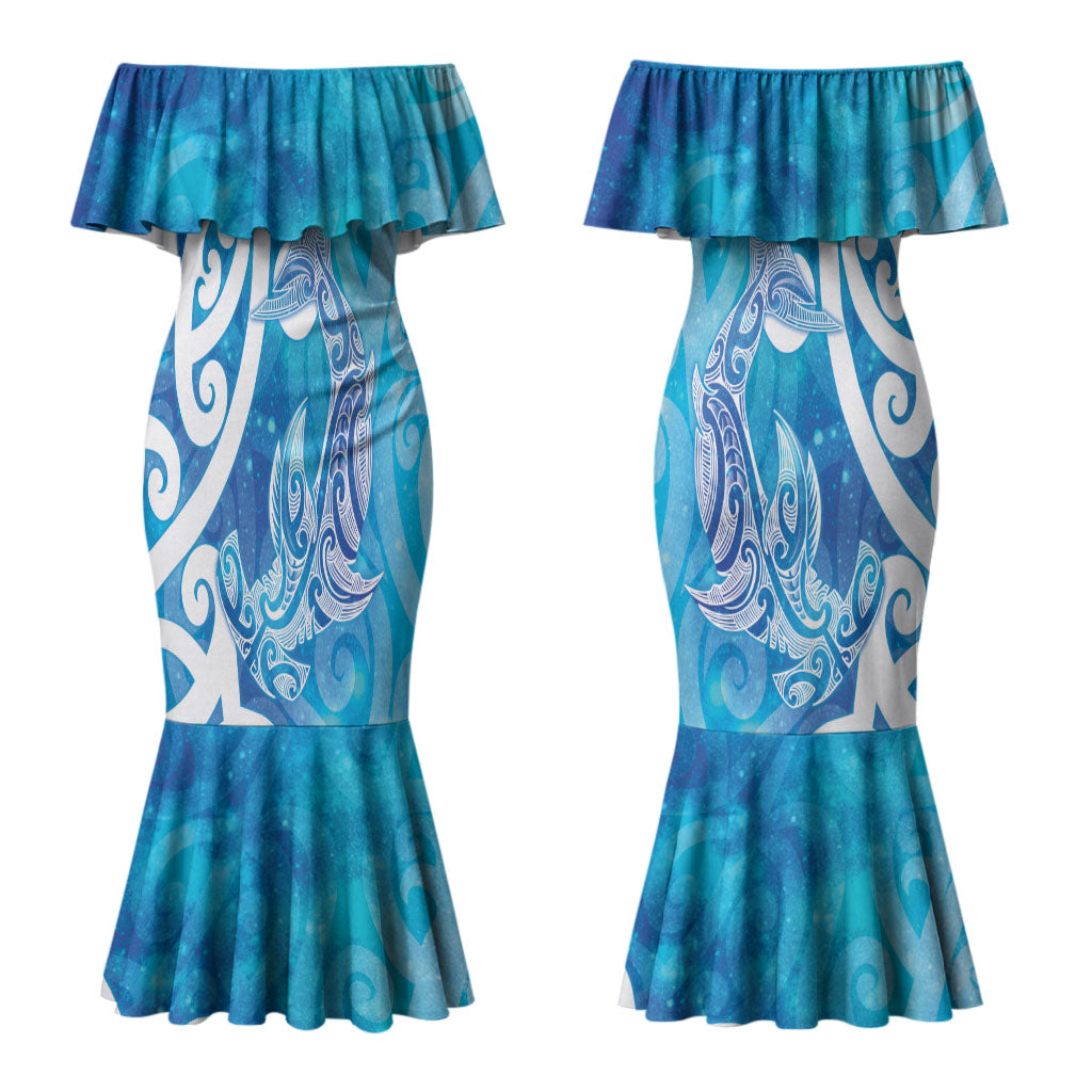 Hammerhead Shark Tattoo New Zealand Couples Matching Mermaid Dress and Long Sleeve Button Shirt Maori Galaxy Mangopare Pattern LT14 - Polynesian Pride