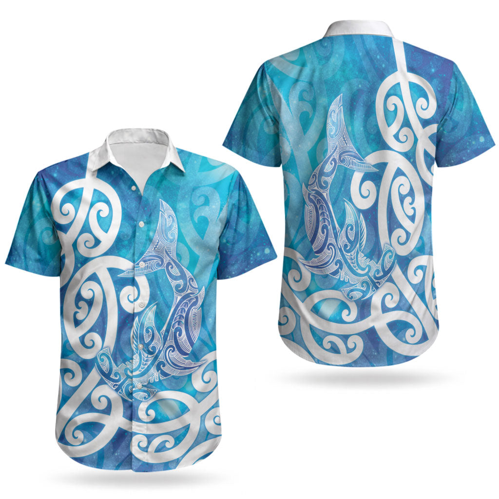 Hammerhead Shark Tattoo New Zealand Couples Matching Off Shoulder Maxi Dress and Hawaiian Shirt Maori Galaxy Mangopare Pattern LT14 - Polynesian Pride