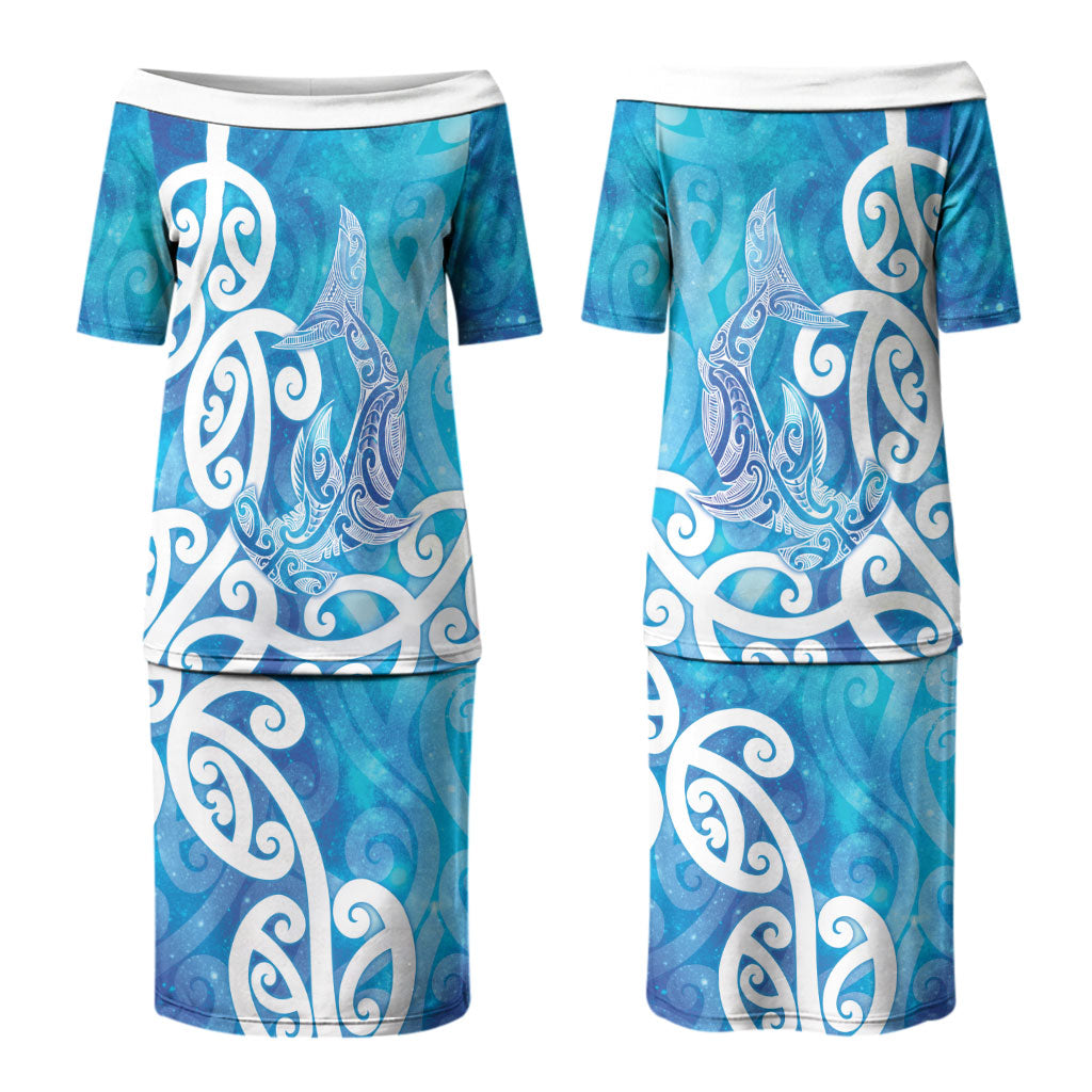 Hammerhead Shark Tattoo New Zealand Couples Matching Puletasi and Long Sleeve Button Shirt Maori Galaxy Mangopare Pattern LT14 - Polynesian Pride