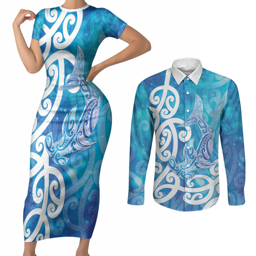 Hammerhead Shark Tattoo New Zealand Couples Matching Short Sleeve Bodycon Dress and Long Sleeve Button Shirt Maori Galaxy Mangopare Pattern LT14 Turquoise - Polynesian Pride