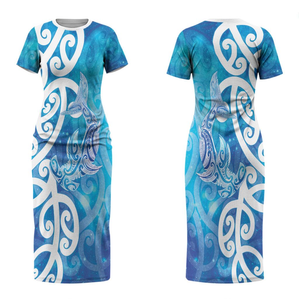 Hammerhead Shark Tattoo New Zealand Couples Matching Short Sleeve Bodycon Dress and Long Sleeve Button Shirt Maori Galaxy Mangopare Pattern LT14 - Polynesian Pride