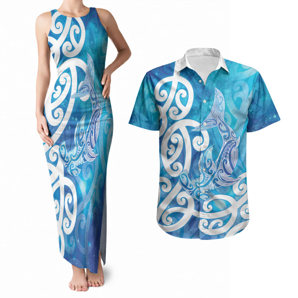 Hammerhead Shark Tattoo New Zealand Couples Matching Tank Maxi Dress and Hawaiian Shirt Maori Galaxy Mangopare Pattern LT14 Turquoise - Polynesian Pride