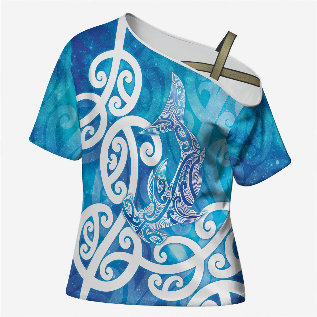 Hammerhead Shark Tattoo New Zealand Cross Shoulder Shirt Maori Galaxy Mangopare Pattern LT14 Female Turquoise - Polynesian Pride