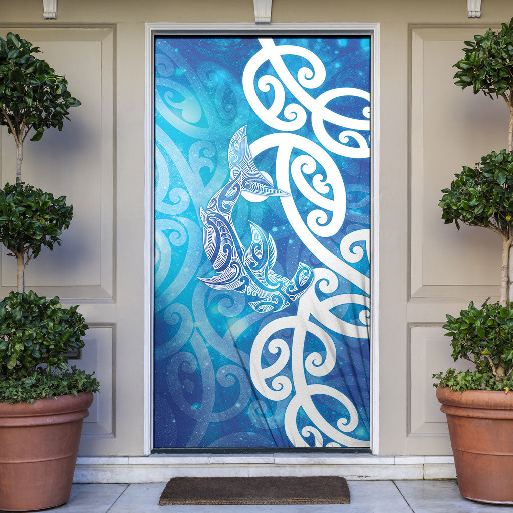 Hammerhead Shark Tattoo New Zealand Door Cover Maori Galaxy Mangopare Pattern LT14 Turquoise - Polynesian Pride