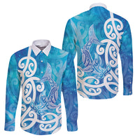 Hammerhead Shark Tattoo New Zealand Family Matching Off The Shoulder Long Sleeve Dress and Hawaiian Shirt Maori Galaxy Mangopare Pattern LT14 Dad's Shirt - Long Sleeve Turquoise - Polynesian Pride