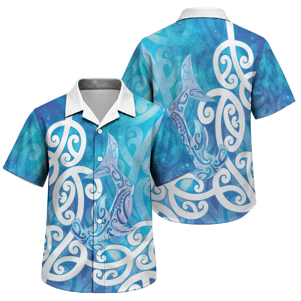 Hammerhead Shark Tattoo New Zealand Family Matching Off The Shoulder Long Sleeve Dress and Hawaiian Shirt Maori Galaxy Mangopare Pattern LT14 Son's Shirt Turquoise - Polynesian Pride