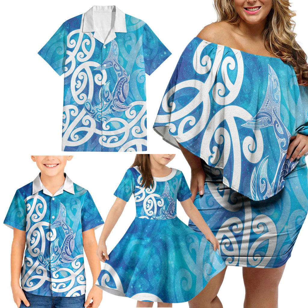 Hammerhead Shark Tattoo New Zealand Family Matching Off Shoulder Short Dress and Hawaiian Shirt Maori Galaxy Mangopare Pattern LT14 - Polynesian Pride