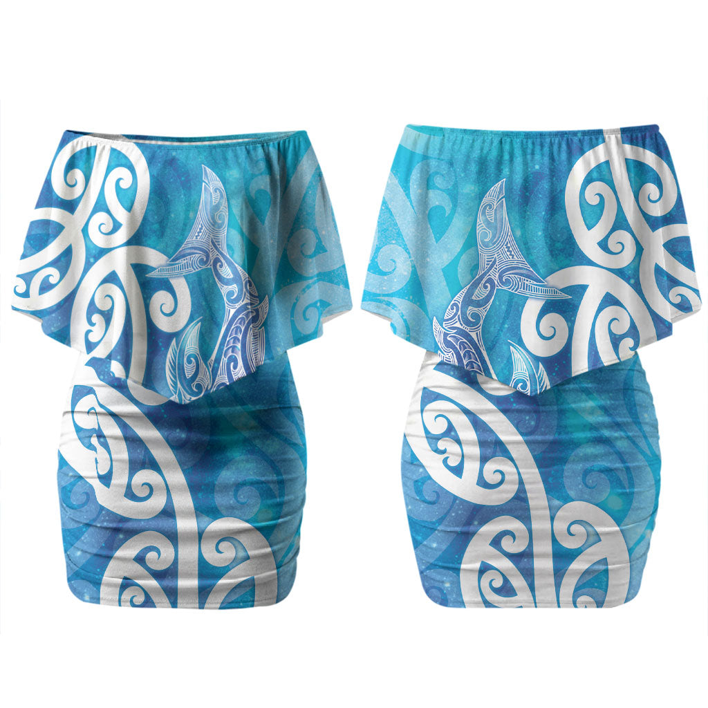 Hammerhead Shark Tattoo New Zealand Family Matching Off Shoulder Short Dress and Hawaiian Shirt Maori Galaxy Mangopare Pattern LT14 Mom's Dress Turquoise - Polynesian Pride