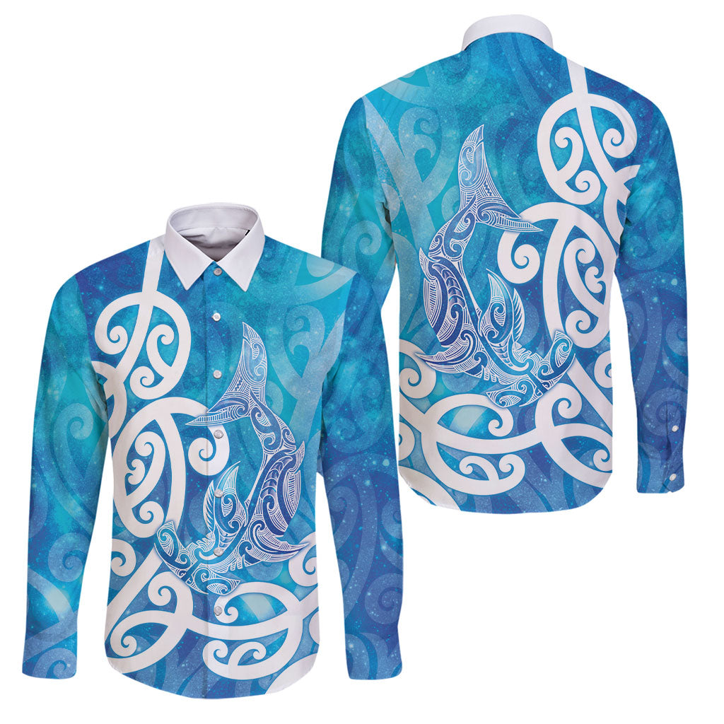 Hammerhead Shark Tattoo New Zealand Family Matching Off Shoulder Short Dress and Hawaiian Shirt Maori Galaxy Mangopare Pattern LT14 Dad's Shirt - Long Sleeve Turquoise - Polynesian Pride
