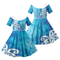Hammerhead Shark Tattoo New Zealand Family Matching Off Shoulder Short Dress and Hawaiian Shirt Maori Galaxy Mangopare Pattern LT14 Daughter's Dress Turquoise - Polynesian Pride
