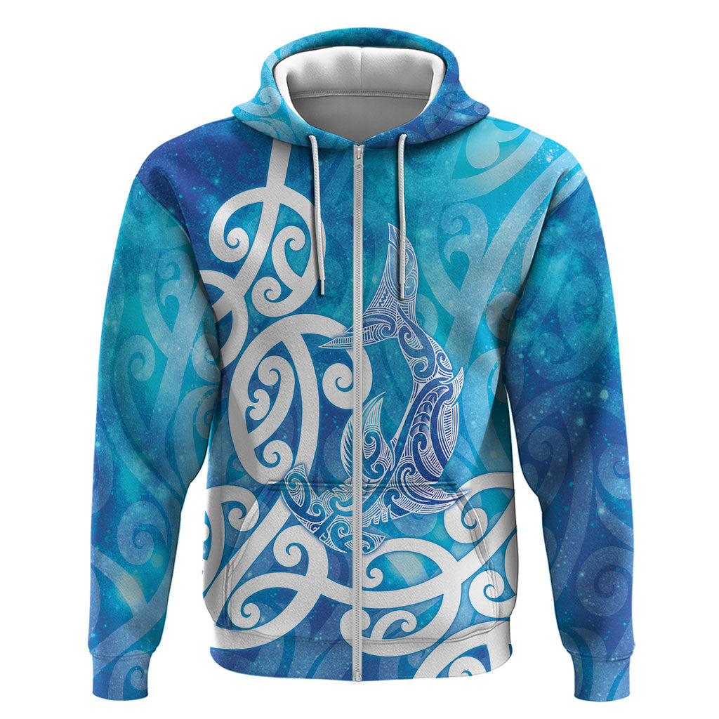 Hammerhead Shark Tattoo New Zealand Hoodie Maori Galaxy Mangopare Pattern LT14 Zip Hoodie Turquoise - Polynesian Pride