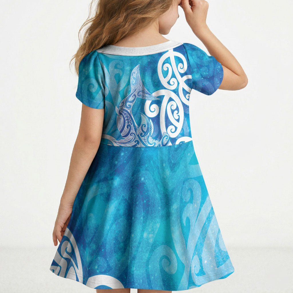 Hammerhead Shark Tattoo New Zealand Kid Short Sleeve Dress Maori Galaxy Mangopare Pattern LT14 - Polynesian Pride