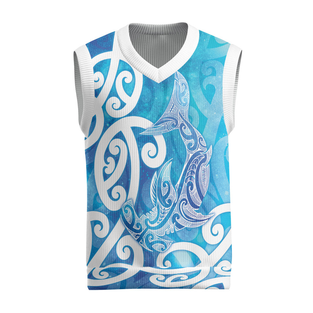 Hammerhead Shark Tattoo New Zealand Christmas Knitted V-Neck Vest Maori Galaxy Mangopare Pattern LT14 Turquoise - Polynesian Pride